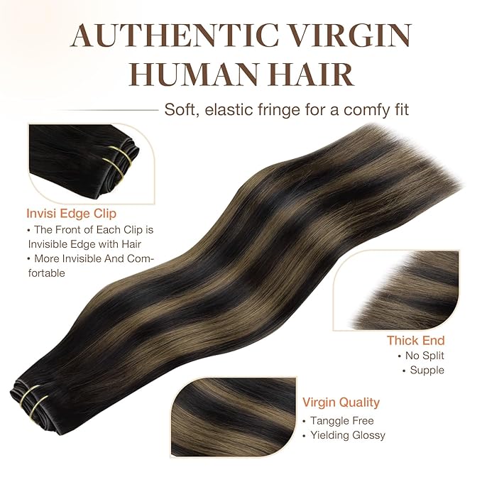 GOO GOO Invisi Edge Clip in Hair Extensions Set, 18inch 140g, 5pcs Injected Seamless PU Clip ins and 2pcs Classical PU Clip ins Virgin Real Human Hair, #(T1B/6) P1B