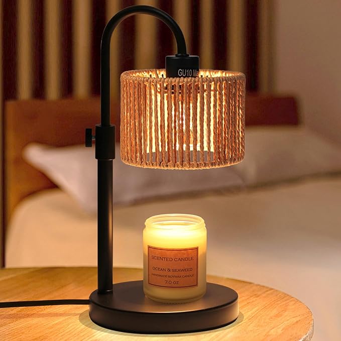Boho Candle Warmer Lamp, Adjustable Height Candle Wax Warmer with Timer, Candle Lamp Warmer for Jar Candles, House Warming Gifts Brithday Gifts for Women Bedroom Home Decor (Rattan)