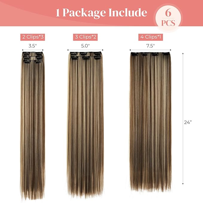 LONAI Clip In Hair Extensions, 6PCS Straight 24" Long Synthetic Clip On Hairpiece For Women