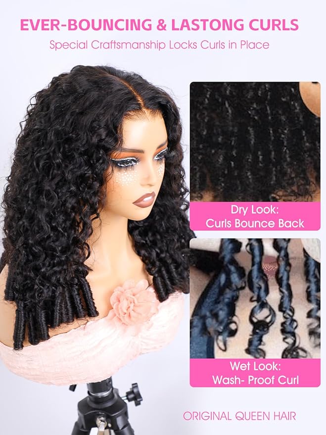 ORIGINAL QUEEN Burmese Curly Wear and Go Glueless Wig Human Hair Curly Texture with Finger Coil Ends Upgrade 9X6 T Part Pre Cut Lace Flip Over Beginner Friendly with Drawstring 180% Density 24 Inch