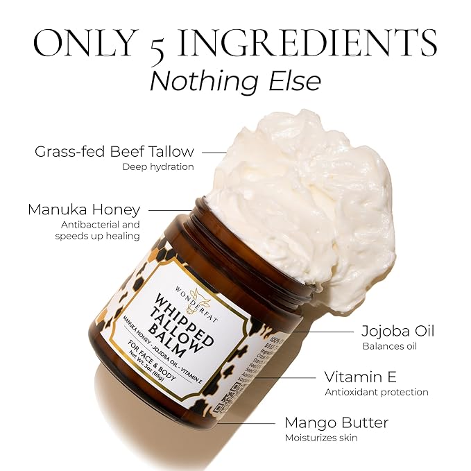 Wonderfat - Grass-Fed Whipped Tallow Balm – Face & Body Moisturizer with Manuka Honey – Lightweight, Fast-Absorbing Hydration for Dry, Sensitive Skin – Unscented, Clean Formula – 3 oz