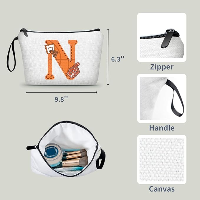 ARIOSEY Basketball Gifts Monogrammed Cosmetic Travel Makeup Bag Basketball Accessories Graduation Birthday Gifts for Girls Coaches Daughters Team Friend Mom Player-N
