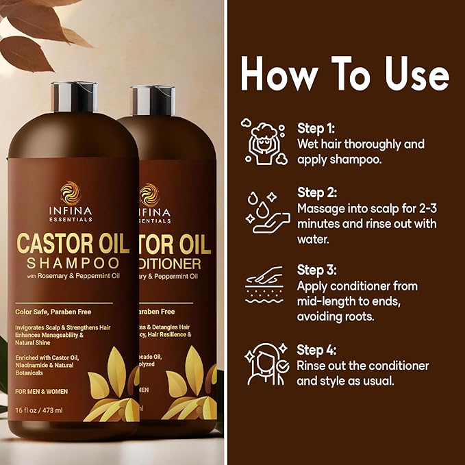 Castor Oil Shampoo and Conditioner Set for Hair Growth with Rosemary & Peppermint Oil - Cleanse Hair, Strengthen & Shine with Castor Shampoo and Conditioner - Anti-Hair Loss for Men & Women - 16 fl oz