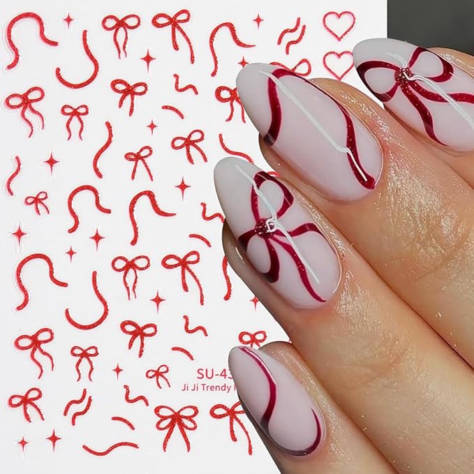 Bow Nail Stickers for Nail Art 3D Self Adhesive Gold Red Laser Star Bow Nail Decals Valentines Nails Sticker Design DIY Manicure Decoration Decal for Women Acrylic Nails 6 Sheets