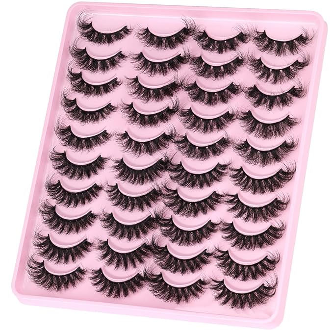 Mink Lashes Fluffy Faux Mink Eyelashes Wispy 20mm Long D-Curl Lashes Russian Cat Eye Strip Lashes Extensions Eyelashes Pack 20 Pairs