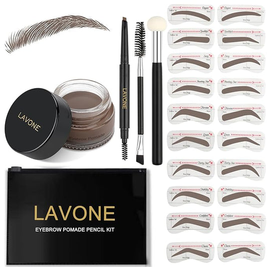 LAVONE Eyebrow Stamp Stencil Kit, Brow Stamp Trio Kit with Waterproof Eyebrow Pencil, Pomade, 20 Eyebrow Stencils, Dual-ended Eyebrow Brush and Sponge Applicator - Light Brunette