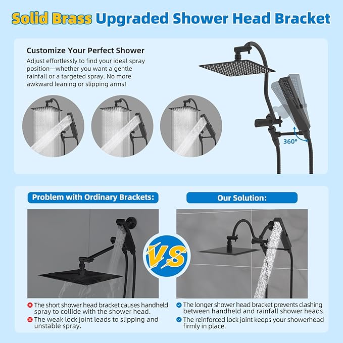 Hibbent All Metal cUPC Certified Shower Head, 10'' High Pressure Rainfall Showerhead Combo, Handheld Shower Wand, 12'' Adjustable Extension Arm, 4-Spray, 71'' Hose, Brass Shower Holder, Matte Black