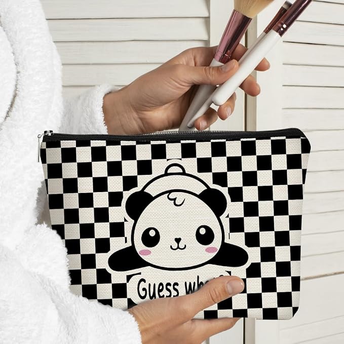 BARPERY Panda Gifts Makeup Bag,Gifts for Panda Lover Wonmen,Cute Baby Panda Guess What It's Pug Butt Cosmetic Bag,Makeup Case for Teen Girls Daughter, Panda Accessories(Black and White checkered)