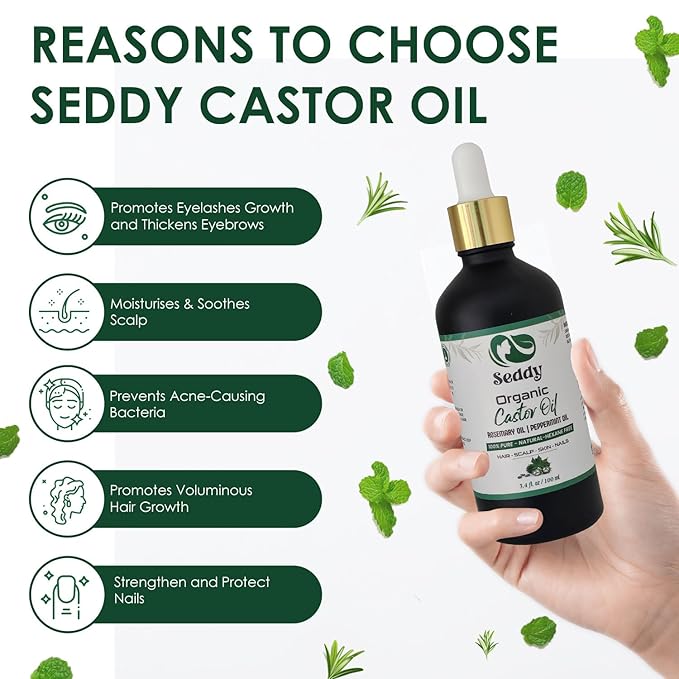 Seddy Organic Castor Oil with Rosemary & Peppermint Hair Growth Oil, Eyelashes, Eyebrows, Skin, & Nails | Hair and Scalp Treatment Oil - 3.4 Fl. Oz