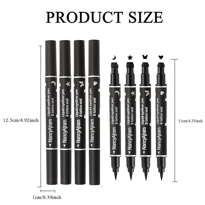 4 PCS 2 in 1 Stamp Liquid Winged Double Head Eyeliner Pen Set Seal Eyeliner Waterproof Star Moon Butterfly Heart-Shaped Embellished Eye End Eye liner Makeup Cosmetics(Black)