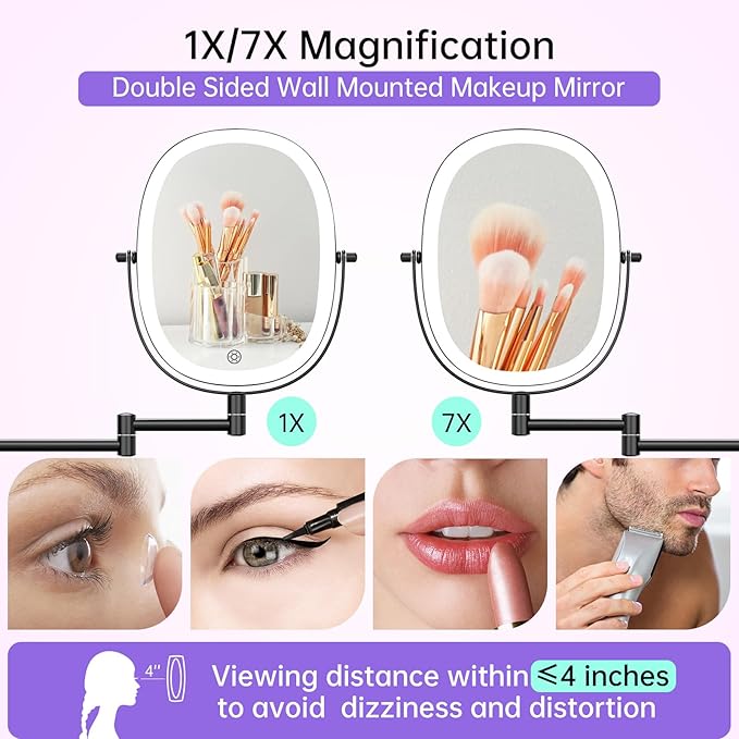 FUNTOUCH Wall Mounted Makeup Mirror with Light, Oval Rechargeable Double-Sided 7X/1X Magnifying Mirror, Vanity Mirror Dimmable 3 Color Light, 360° Extension Rotation Foldable 13.5 in