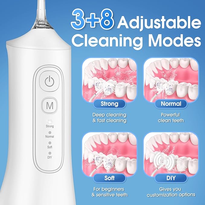 Water Flosser, Rechargeable 300ML IPX7 Waterproof Cordless Portable Oral Irrigator with 4 Modes & 6 Replaceable Jet Tips-Professional Flossing Cleaner for Daily Home Use,Travel,Gums,Braces Care-White