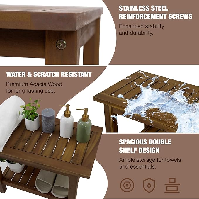 GREEN ALLUVIUM 24 inch Acacia Wood Shower Bench with Storage Shelf - Waterproof Sturdy Shower Stool - Shower Seats for Adults and Elderly - Bathroom Bench 350 lb Capacity