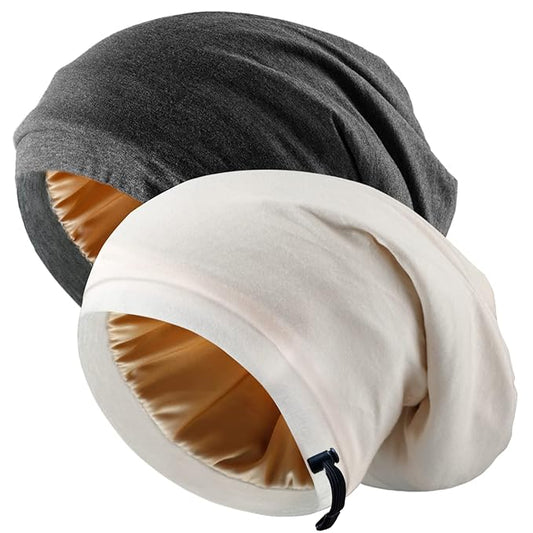 2 Pcs Adjustable Silk Satin Bonnets for Women & Men, Sleep Cap, Silk Lined Slouchy with Adjustable Strap, Curly Hair Head Scarf, Night Caps