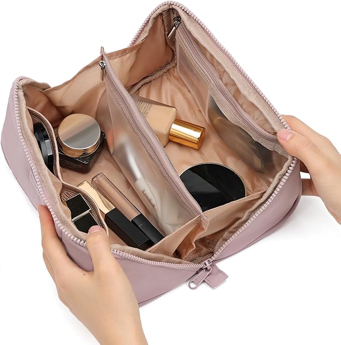 NISHEL Travel Makeup Bag for Women, Fluffy & Lightweight Open Flat Cosmetic Organizer with Multiple Functional Divider for Brush Independent Storage, Handle for Easy Portability, Peach-Pink