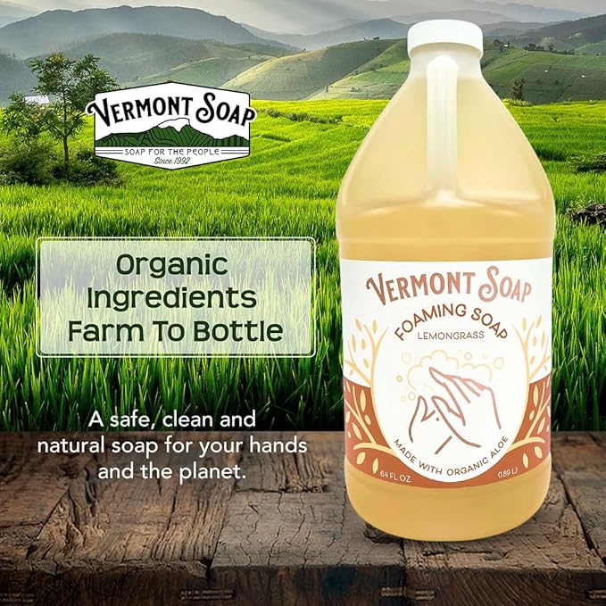 VERMONT SOAP Organic Lemongrass Zen Foaming Hand Soap - Natural Moisturizing Soap for Dry Skin - Fragrance Free Liquid Bathroom Hand Soap - Lemongrass Zen - 64 oz