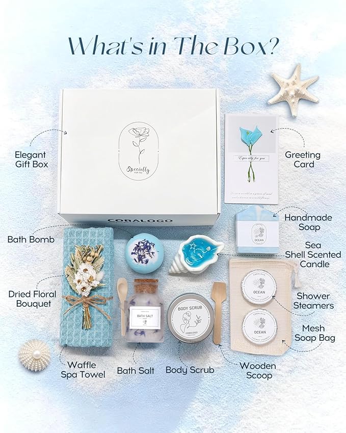 Coralogo Ocean Spa Gifts for Women - 11pc Self-care Spa Gift Basket with Scented Candle, Bath Salt, Greeting Card - Thinking of You Basket for Her Birthday, Christmas, Mother's Day, Valentine's Day