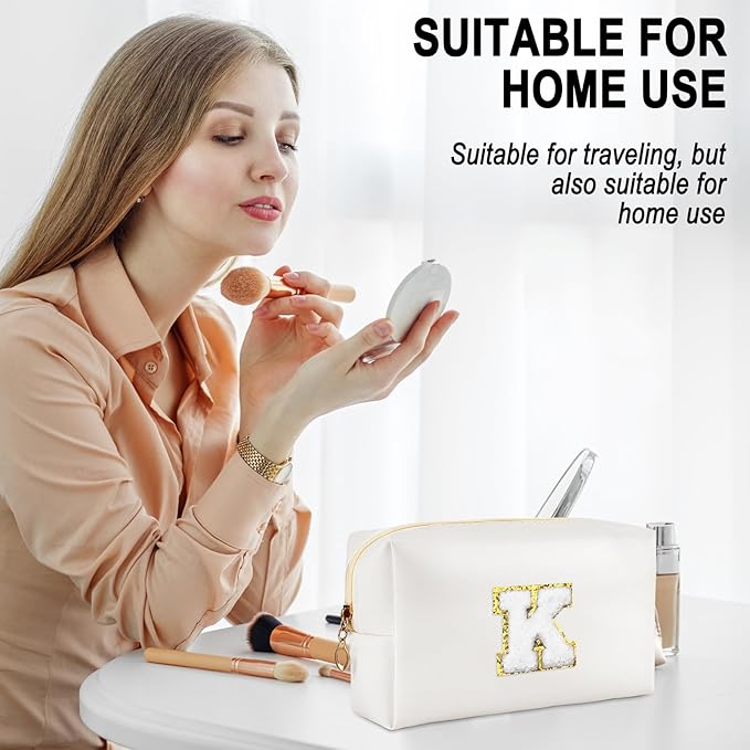 URSKYTOUS Gifts for Girls Initial Makeup Bag Personalized Cosmetic Bag with Zipper Cute Travel Toiletry Bags Waterproof PU Preppy Makeup Pouch Birthday Gift for Teen Girls Women(White K)