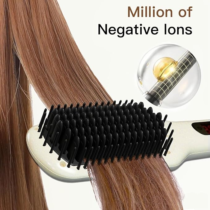 MEGAWISE Pro Ceramic Ionic Hair Straightener Brush, Universal Dual Voltage, Rotatable Power Cord, MCH Fast 20s Heating Tech, Anti-Scald, Auto-Off Safety, Home Salon (Pearl White)