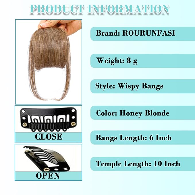 Clip on Wispy Bangs-Real Human Hair Clip in Bangs Hairpieces Honey Blonde Fake Air Bangs Fringe with Temples Bangs Hair Clip Extensions
