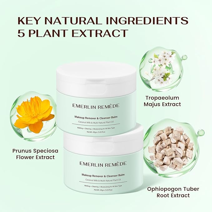 Emerlin Remède Makeup Remover & Cleanser Balm with Coconut Milk & Multi Natrual Plant Oil for Melting, Cleaning And Moisturizing For All Skin Type
