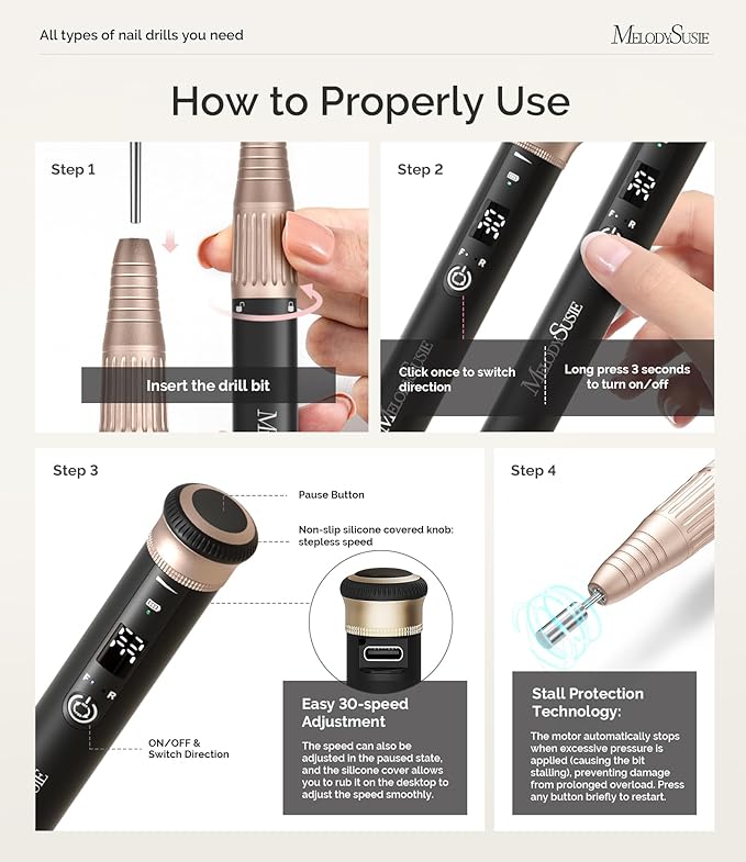 MelodySusie Pen-Shaped Stepless Speed Adjustment Cordless Nail Drill, SM220G 30000RPM Portable Rechargeable E-File with Rotary Lock for All Manicure Shaping & Acrylic Gel Removal for Pros at Home