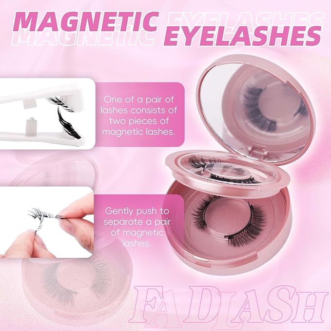 FADLASH Magnetic Eyelashes with Applicator Natural Look Magnetic Lashes Reusable 2 Pairs False Eyelashes Kit Easy to Wear and Remove (604+079)