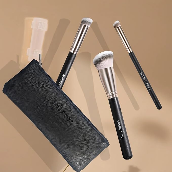 ENERGY Makeup Brushes Set Professional Kabuki Foundation Concealer Brush Under Eye Nose Contour Brush for Liquid Cream Powder Blending Buffing with Travel Bag 3PCS