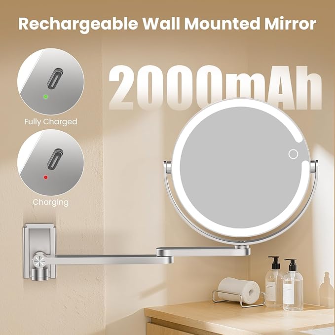 Wall Mounted Makeup Mirror with Lights, 8-inch 20X/1X Magnifying Mirror, Rechargeable LED Vanity Mirror with 3 Color Lights, 360° Swivel & Extendable Arm