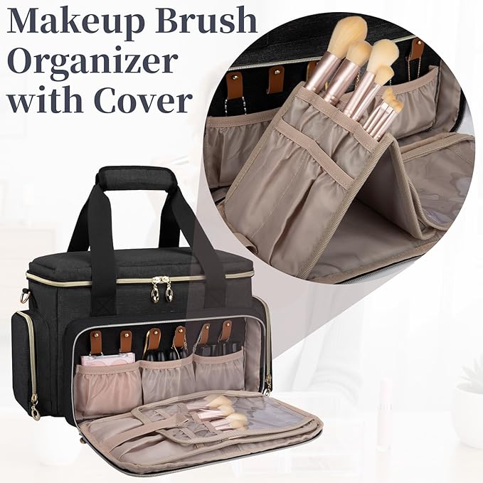 GDNasist Large Makeup Bag, Portable Travel Makeup Bag Organizer for Women Girls with 2 Removable Pouches & Detachable Dividers, Cosmetic Travel Bag, Toiletry Bag for Makeup and Hair Supplies Black