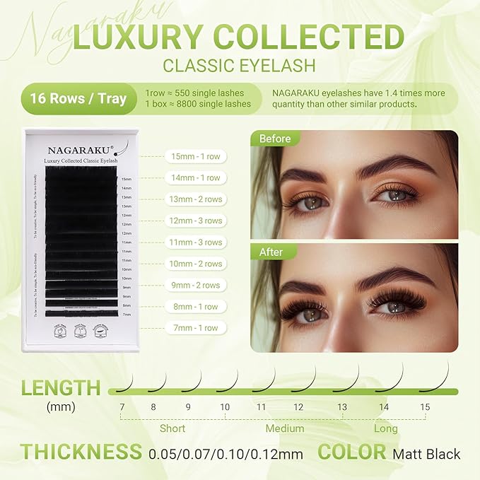 NAGARAKU Individual Eyelash Extensions, Luxury Collected Classic Single Lashes Upgraded 3rd Generation Soft Natural Beauty Salon Professional Lash Supplies 16 Rows Matte Black -0.07 D Curl 14mm