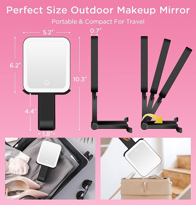 EAONE Travel Makeup Mirror with Lights, Double Sided Magnifying Vanity Mirror 10X/1X with 3 Color Lighting & Dimmable Touch Screen, Compact Handheld Cosmetic Mirror for Bathroom, Women Gifts (Black)