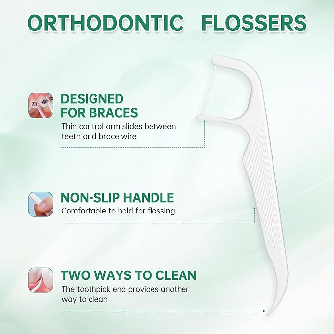 Floss Picks for Braces, 100ct Orthodontic Flossers for Adults and Kids with Toothpick End, Extra Thin Floss Threader for Tight Teeth Cleaning Between Braces, Dental Care Floss Sticks, Mint