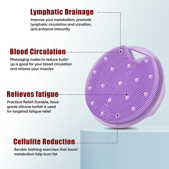 New Upgrade - Silicone Body Scrubber, Anti Zinc Infused - Heavy Nodes, Multifunctional Silicone Loofah for Humid Environment, Shower, Exfoliating, Lymphatic Drainage, Blood Circulation - Purple