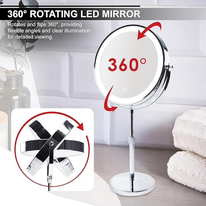 DANOPLUS Makeup Mirror with Lights, 9" Large Magnifying Mirror with 1X/10X, 360°Rotation Vanity Mirror, 3 Color Brightness Adjustable Light Up 5000mAh Rechargeable, Double-Sided, Gift for Women