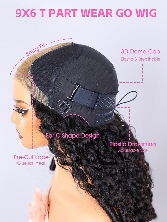 ORIGINAL QUEEN Burmese Curly Wear and Go Glueless Wig Human Hair Curly Texture with Finger Coil Ends Upgrade 9X6 T Part Pre Cut Lace Flip Over Beginner Friendly with Drawstring 180% Density 26 Inch