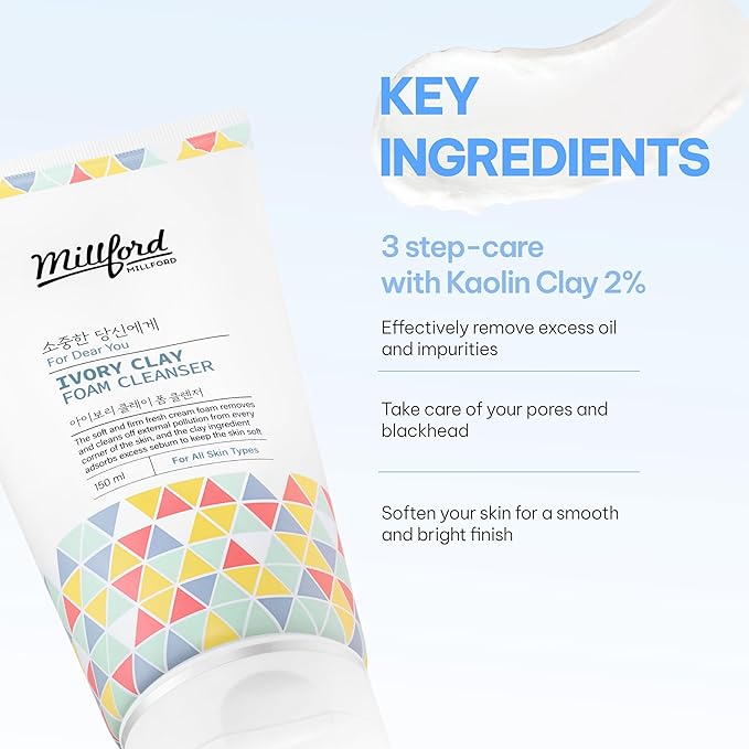 Millford Ivory Clay Foam Cleanser 150ml/5.1 fl.oz – Deep Pore Cleansing Facial Wash, Kaolin Clay + Glycerin Formula for Sebum Control, Oil Balance & Enlarged Pores, Korean Skincare for All Skin Types