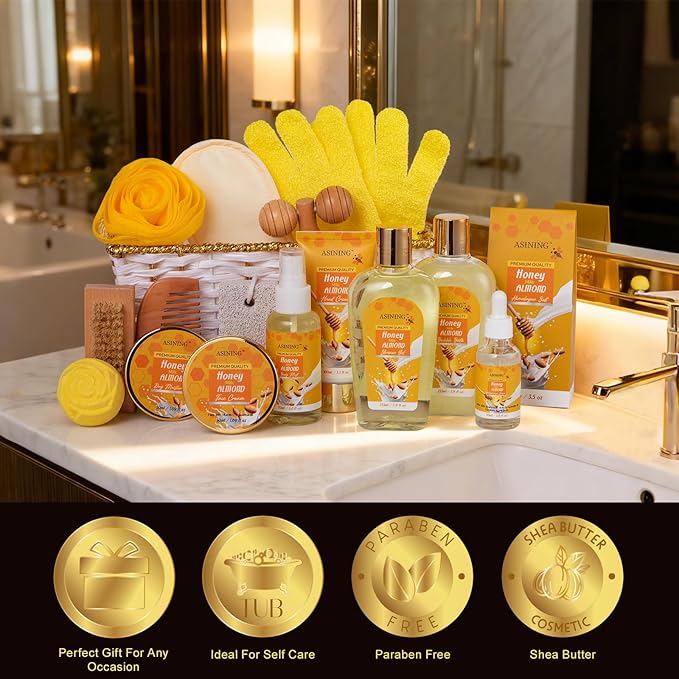 Gifts for Women Gift Basket for Women - 17 Pc Honey Almond Scented Home Bath Pampering Package Spa Bath & Body Gift Set, Luxury Home Spa Bath Gift Basket, Pamper Gifts for Woman & Teens
