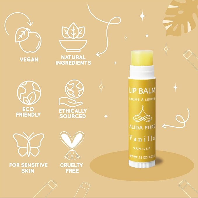 ALIDA PURE Vanilla Lip Balm Collection, Vegan Set, Beeswax Free, with Organic Jojoba and Avocado Oil, Vitamin E, Natural Moisturizer for Dry, Chapped Lips, 3 Tube Set