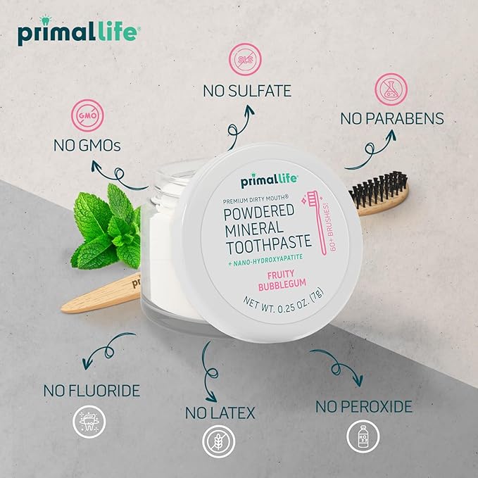 Primal Life Organics - Dirty Mouth Toothpowder, Tooth Cleaning Powder, Flavored Essential Oils with Natural Kaolin & Bentonite Clay, Good for 60+ Brushings, Organic, Vegan (Sweet Bubblegum, 0.25 oz)