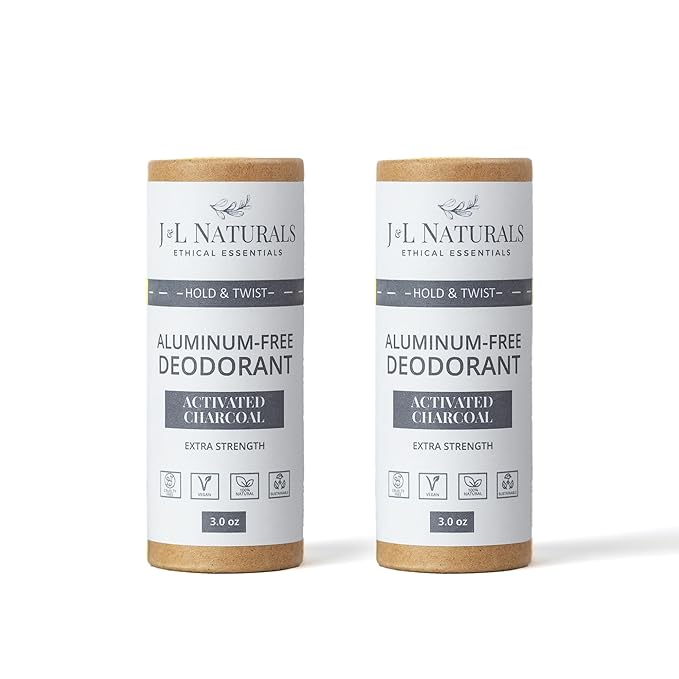 J&L Naturals Aluminum Free Deodorant for Men & Women | 100% Natural Ingredients With Coconut Oil, Shea Butter, & Essential Oils | Sustainable, Eco-Friendly (Activated Charcoal, 3.0 Oz (Pack of 2))