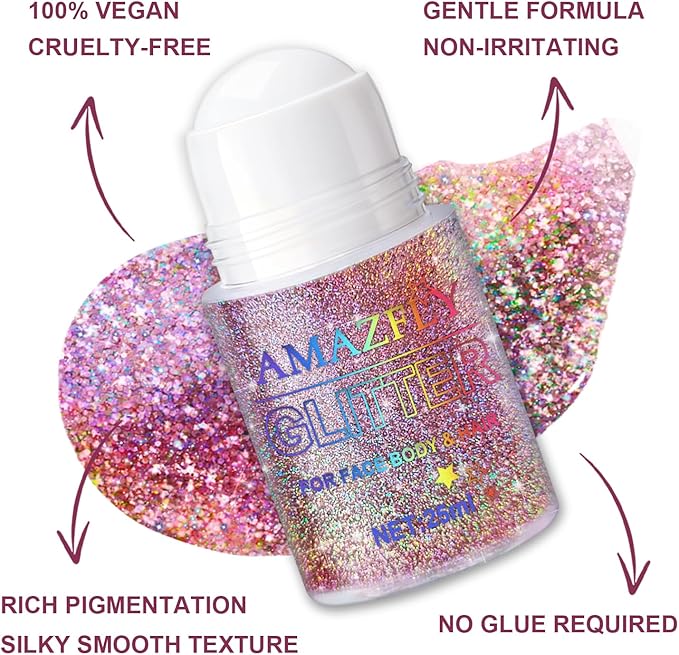 Roll-on Holographic Body Glitter Gel for Face and Hair, Chameleon Color Changing Glitter Gel Under Light, Chunky Mermaid Sequins Festival Party Rave Accessories (Metallic Beauty Beam)