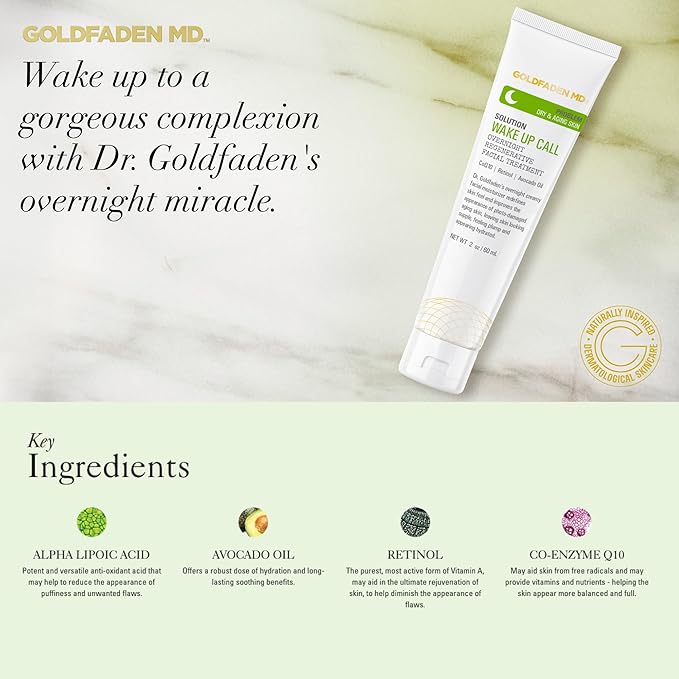 Dr. Goldfadens Wake Up Call Night Facial Moisturizer Night Cream for Dry & Aging Skin | w/Alpha Lipoic Acid, Avocado Oil Retinol, Co-enzyme Q10 2.0 Fl Oz