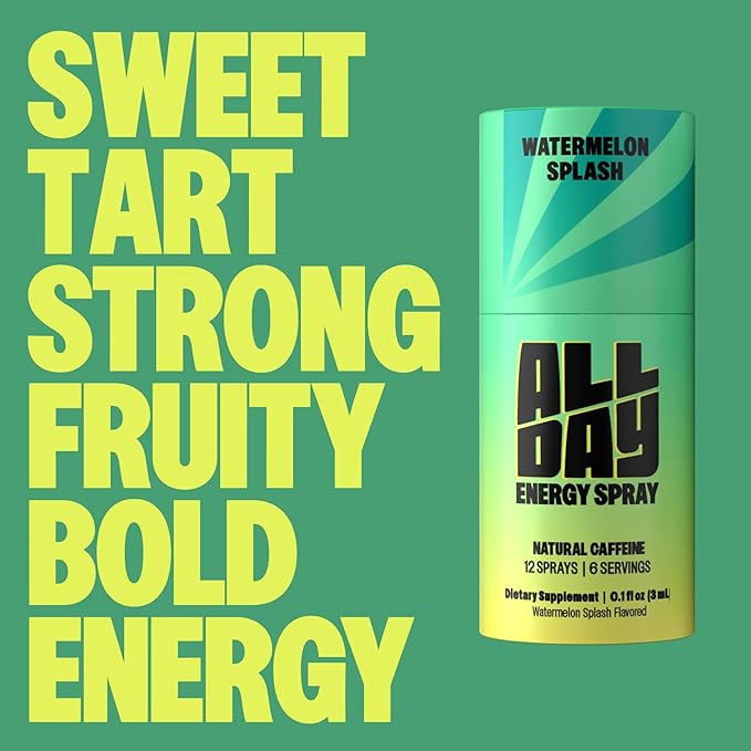 ALLDAY Caffeine Spray, Promotes Focus and Energy (Tropical Burst, 4 Bottles, 48 Sprays) | 32mg Natural Caffeine per Spray | Pocket-Size Energy Shot with L-Theanine, Vitamin B12, & Vitamin D