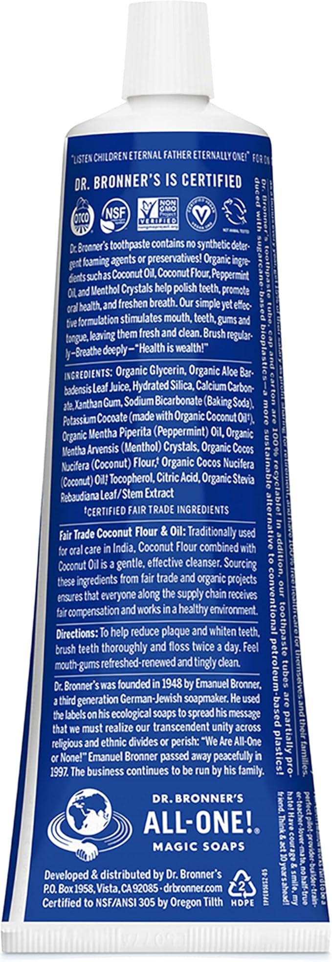 Dr. Bronner’s All-One Toothpaste Pack of 3– Peppermint, 5 oz– Fluoride-Free Toothpaste for Adults, SLS-Free, 70% Organic & Natural Ingredients, Vegan, Helps Freshen Breath & Reduce Plaque