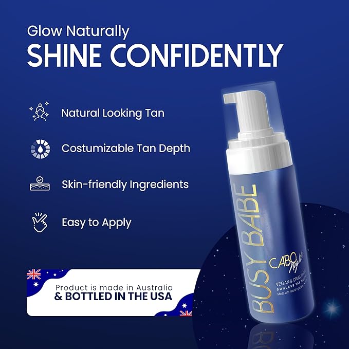 Busy Babe Self Tanner - Cabo Nights Express Rapid Dark Tanning Mousse - Deeper Sun-Kissed Glow with Mitt - Vegan, Cruelty-Free, Instant Tan, Self Tanning Mousse Pump - Express, Violet based- 7.2 oz