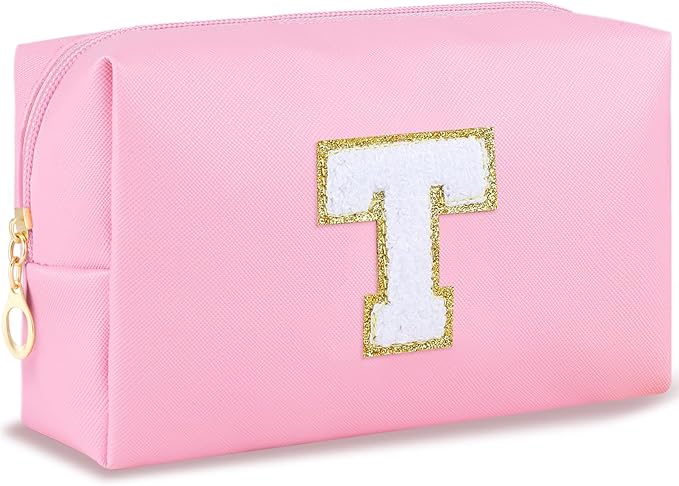 URSKYTOUS Initial Preppy Makeup Bag for Women Teen Girls Travel Small Cosmetic Bag Cute Pink Personalized Preppy Makeup Pouch Zippered Toiletry Bag Organizer PU Leather Aesthetic Makeup Bag（T）