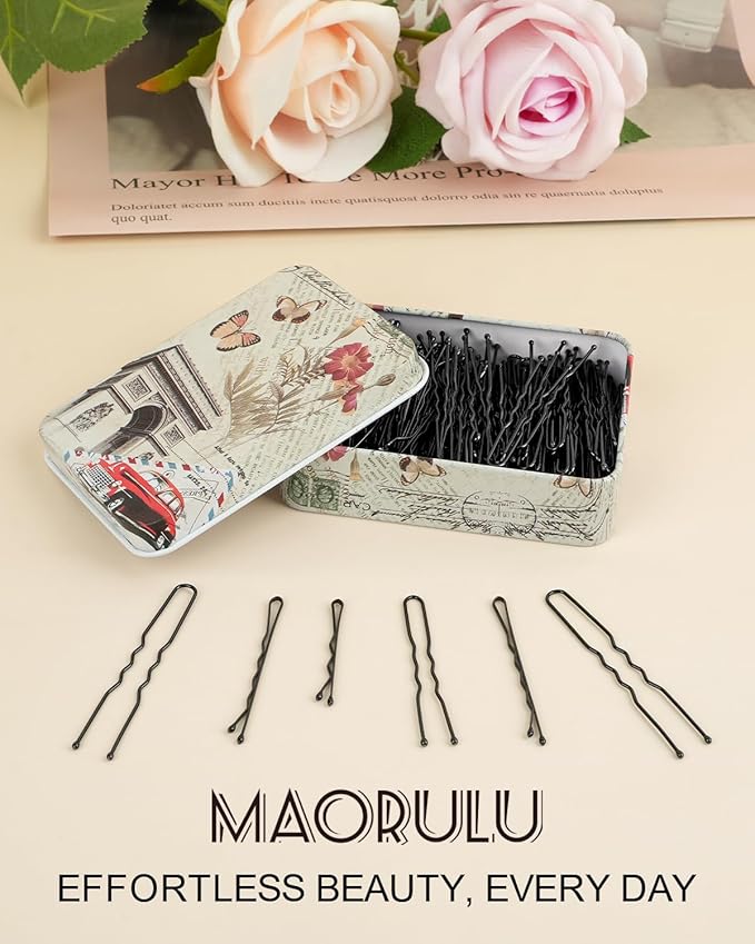 MAORULU Hair Bobby Pins with Cute Case, 250 CT Hair Pins for Buns, Premium U Hair Accessories for Women, Girls and Kids, Great for All Hair Types (Variety U & Bobby Pins Black)