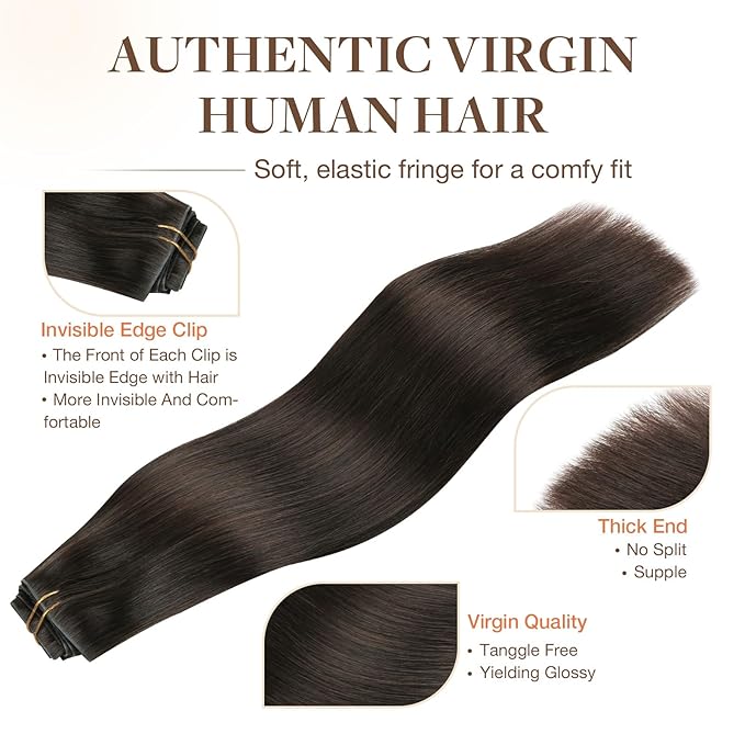GOO GOO Invisi Edge Clip in Hair Extensions 16inch 110g 7Pcs Injected Seamless PU Clip in Hair Extensions, Virgin Real Human Hair, 2A Light Brown