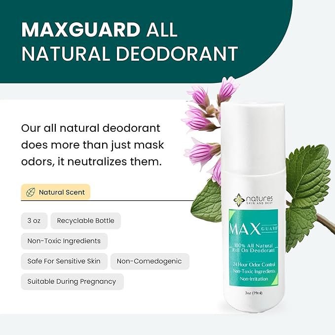MaxGuard All-Natural Deodorant for Men & Women | 24-Hour Odor Protection | Aluminum-Free, Baking Soda-Free | Roll-On | Non-stain, Non-irritating Formula | Healthier, Long-Lasting Freshness | 3oz